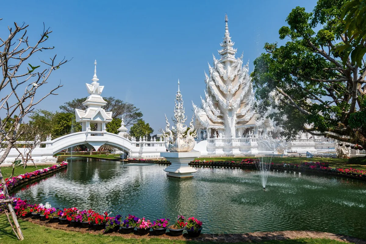 The all-white Wat Rong Khun White Temple complex in Chiang Rai