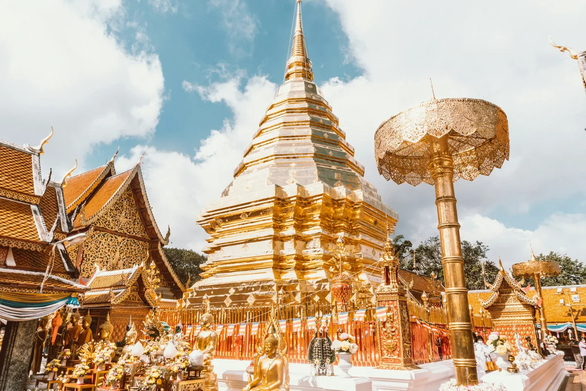 Golden pagoda of Doi Suthep temple above Chiang Mai on a sunny day